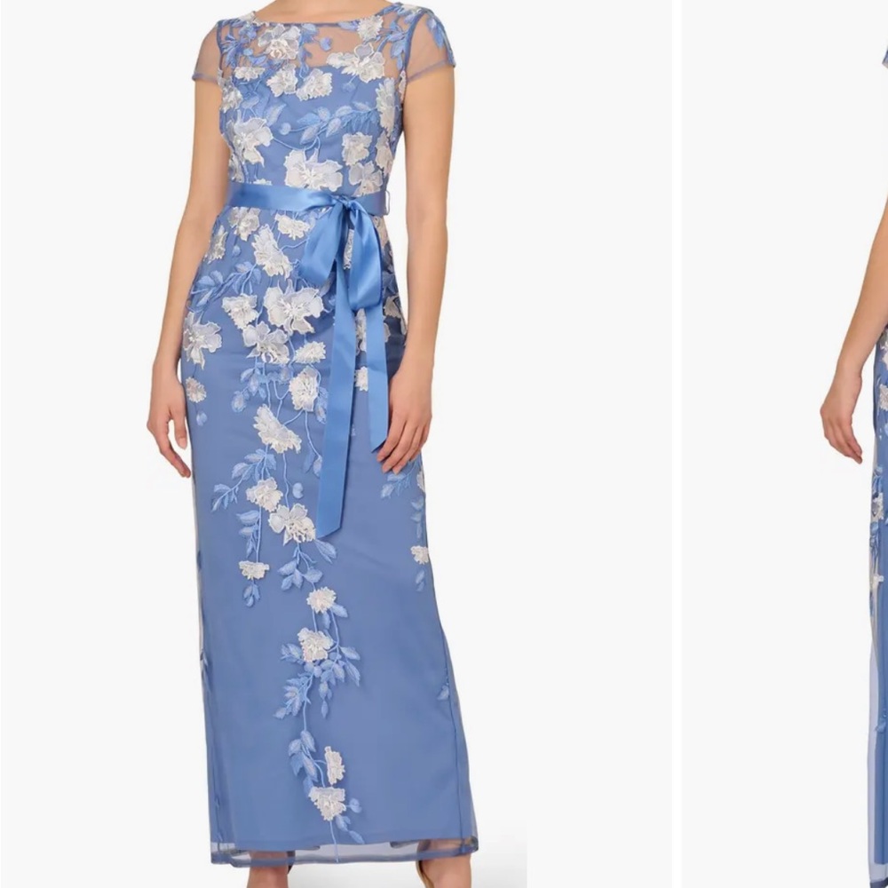 Adrianna Papell Blue Bateau Neck Cap Sleeve Gown slight variation on
